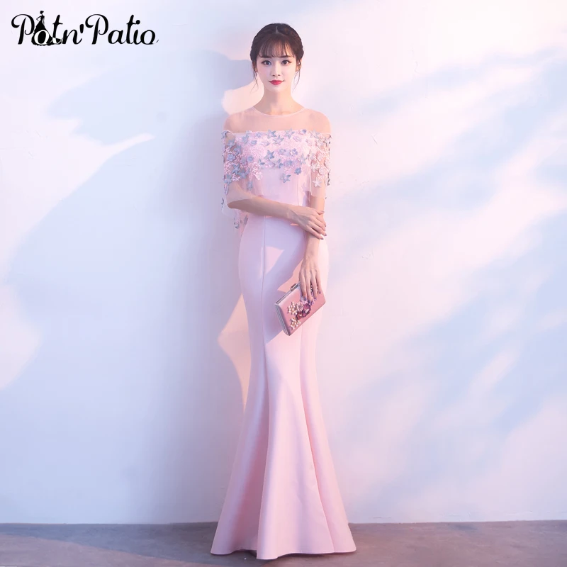 

Elegant Pink Mermaid Dress For Evening Party 2019 New Spandex Satin Evening Gowns Long With Lace Jacket