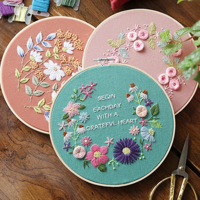 Diy 3d embroidery kit with bamboo hoop cute flowers needlework sewing Diy 3d embroidery kit with bamboo hoop cute flowers needlework sewing
