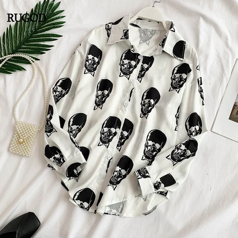 Virada para Baixo Tops e Blusas Rugod Crânio Impressão Blusas Femininas Elegante Gola Moda Harajuku Estilo Verão Streetwear Mujer
