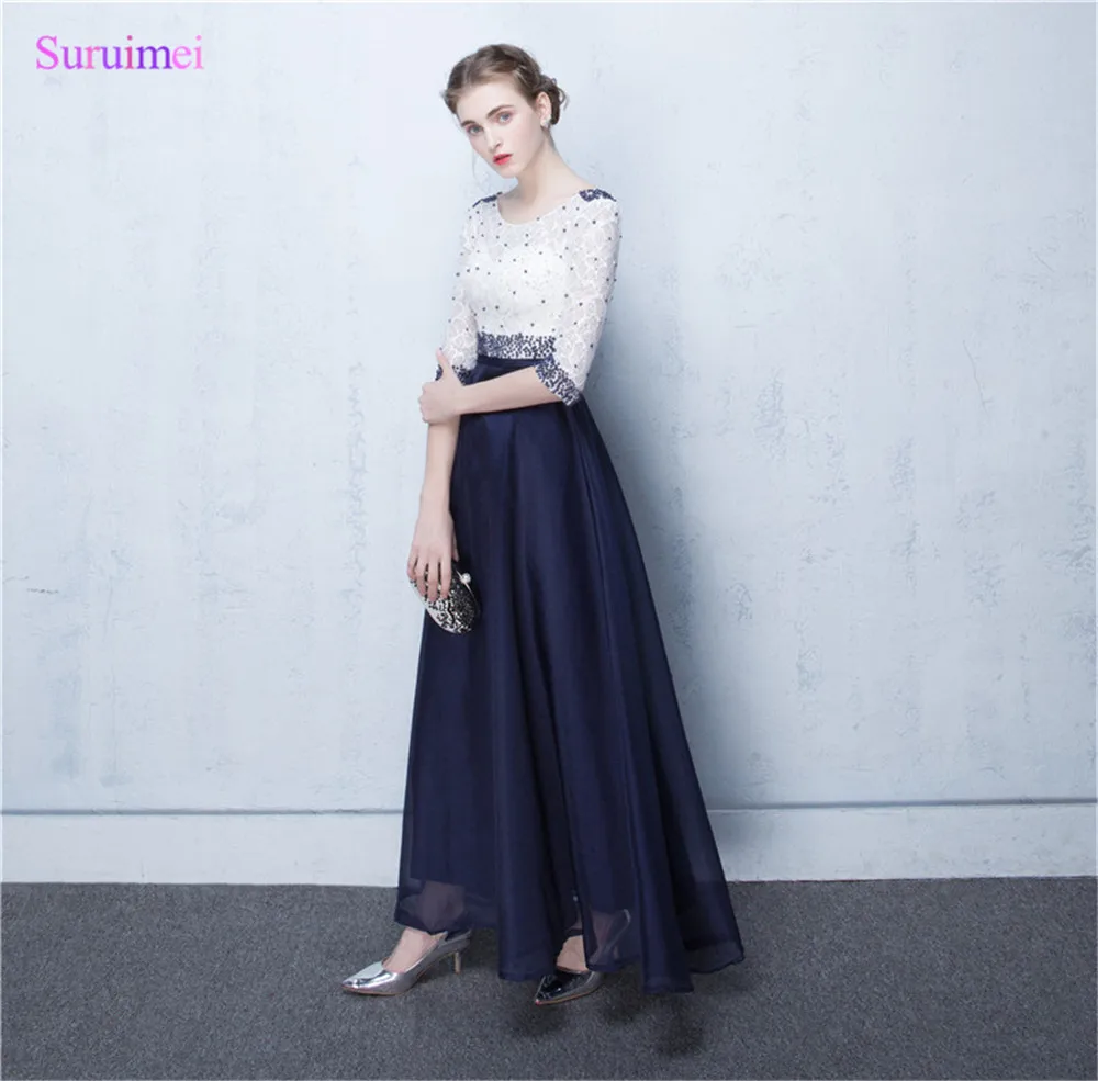 Navy Blue Prom Dresses New Design With Half Sleeves Lace Beaded See