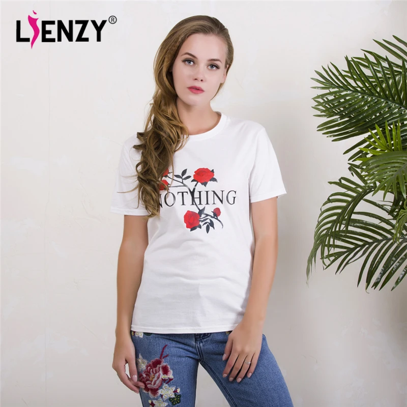 LIENZY Summer Ins Women White T Shirt Short Sleeve Nothing Letter Rose Print O Neck Women