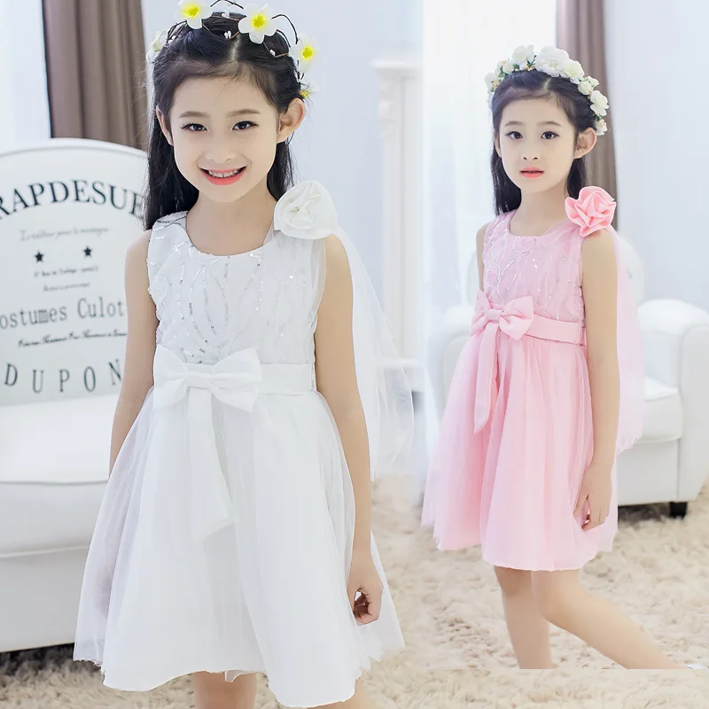 

3 Colors 1-12T New Summer Elegant Sweet Gilrs Princess Dress Charm Bow Belt  Lace Sequin Flower Sleeveless Gauze Dress For Girls