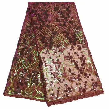

Beautiful sequins lace fabric 2019 Luxury Wine Red Gold French net lace fabric high quality tulle mesh lace fabric 5 Yards