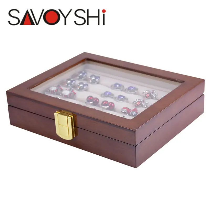 Comprar Joyas savoyshi de vidrio de lujo caja de almacenamiento 12 pares capacidad anillo alta calidad caja de madera auténtico tamaño 185*150*46mm