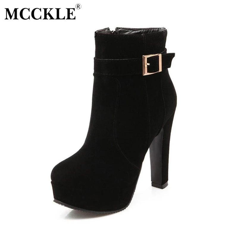 

MCCKLE Woman High Heels Ankle Boots Female Zip Platform Sexy Part Dress Pump Women Fashion Buckle Suede Motorcycle Boots