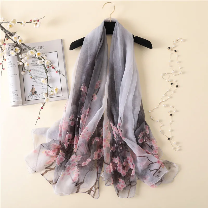

2019 New silk scarf for women Ink plum printing shawl wrap large pashmina Summer sunblock silk scarves Crocodile wrinkle scarf