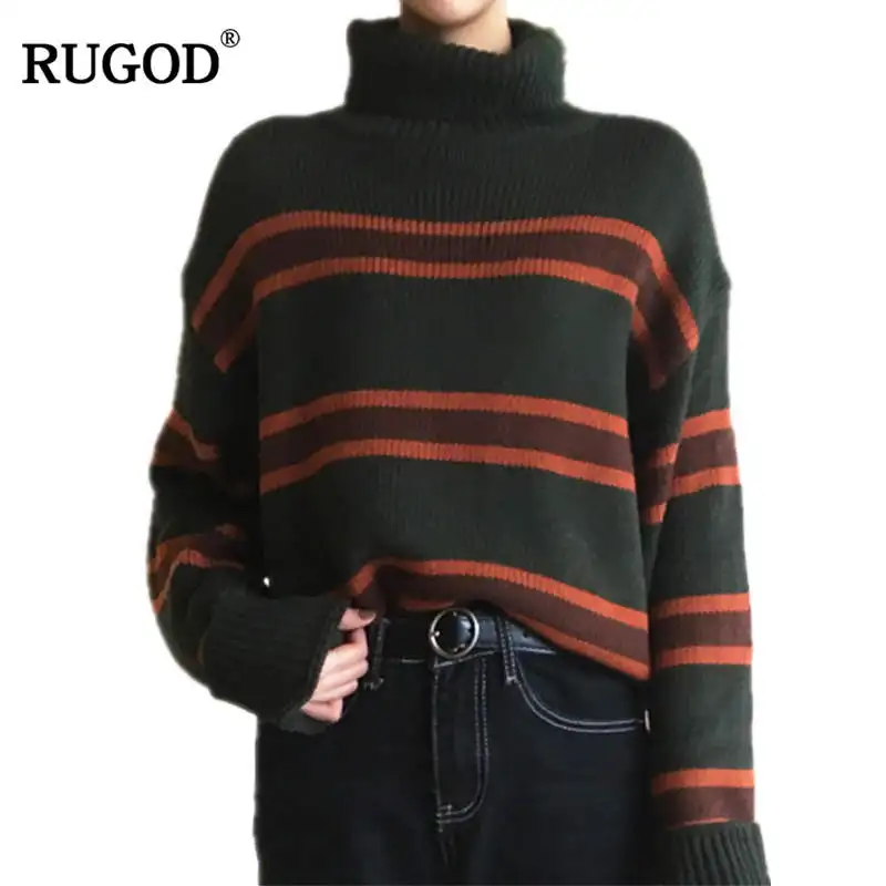 RUGOD, новинка, водолазка, свитер, женский, Повседневный, в полоску, пуловеры, для женщин, корейская мода, вязаный свитер, женская одежда, truien dames - Цвет: Зеленый