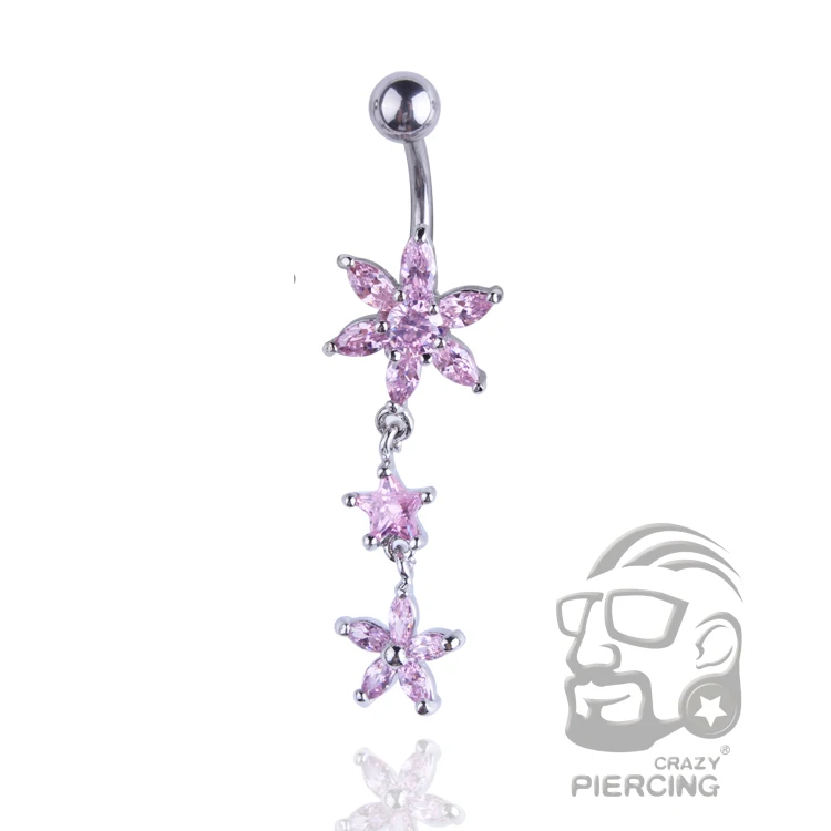 

Beauty Crystal Flower Dangle Navel Belly Button Ring Bar Body Piercing Jewelry 14G 316L surgical steel belly ring