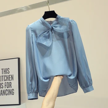 

Blue Blouse Women's Loose Spring 2019 New Butterfly Knot Design Blouses Girl Ladies Temperament Chiffon Shirt Tops Femininos