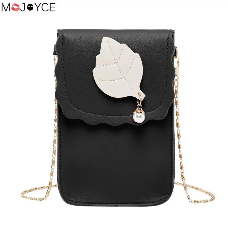 

Fashion PU Leather Shoulder Bags for Teenage Girls Pearl Leaf Phone Crossbody Bag Casual Small Solid Women Messenger Bag