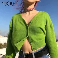TXJRH Sexy Sweater Long Sleeve Rabbit Hair Knitted Deep V-Neck Single-breasted Stylish Letter Embroidery Short Tops 8 Colors