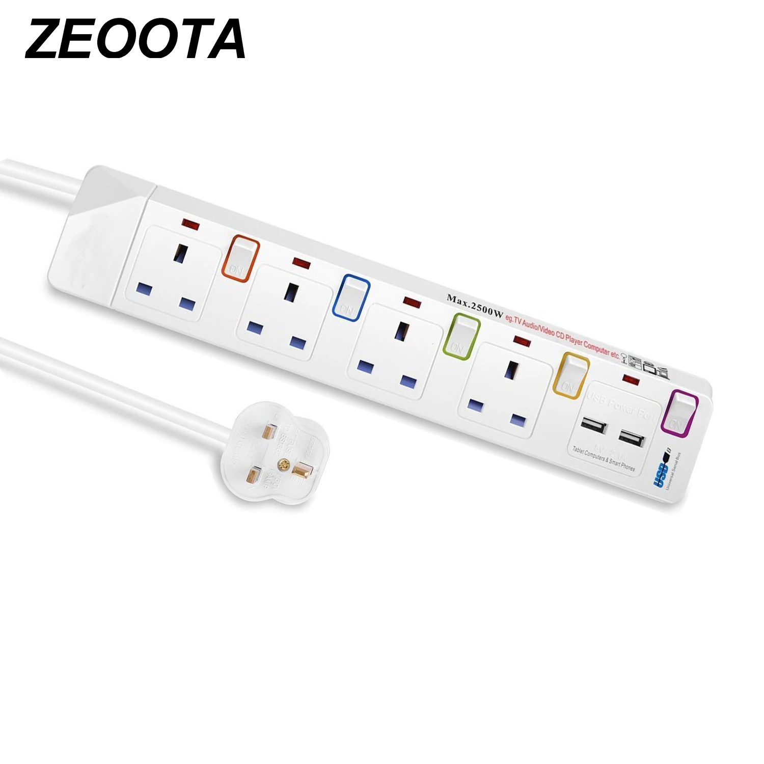 USB Power Strip UK Outlet Extension Plug Socket with USB Individually
