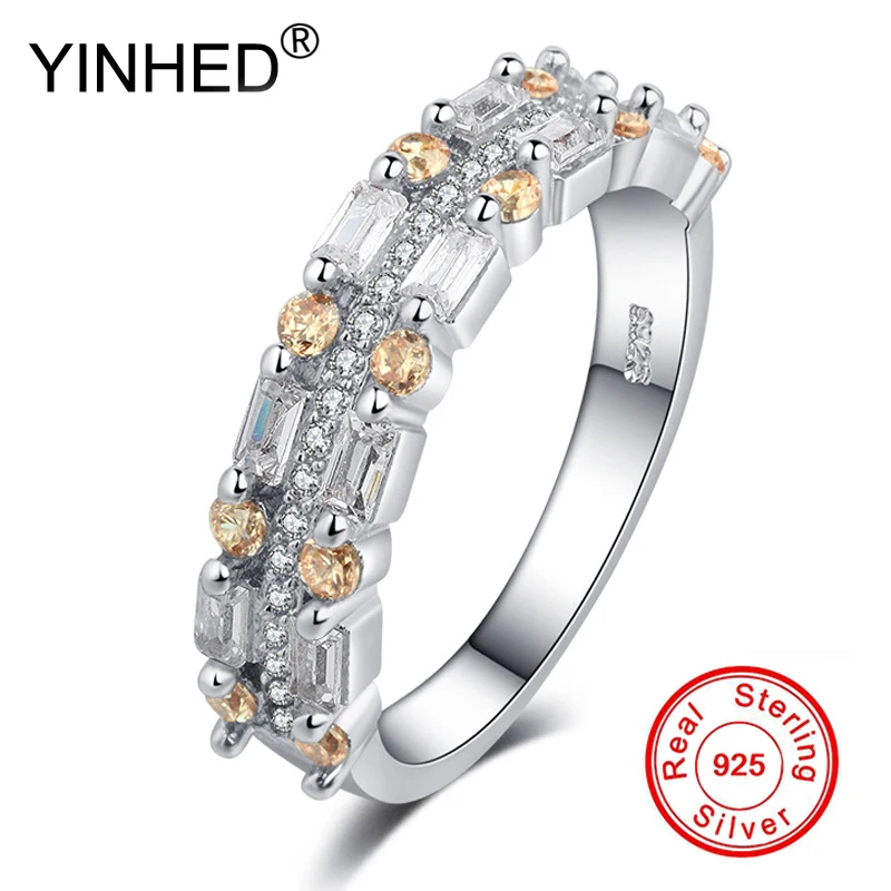 YINHED 100% Аутентичное 925 Серебряное кольцо Bling полное желтое циркониевое для женщин