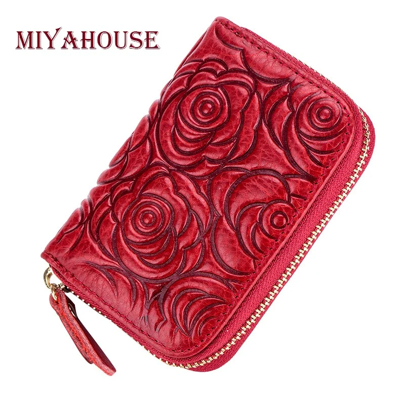 

Hot Sale Oil Leather Women Rose Card Holder Wallets High Quality Female Credit Card Holders RFID Wallet Lady Floral Cards Purse