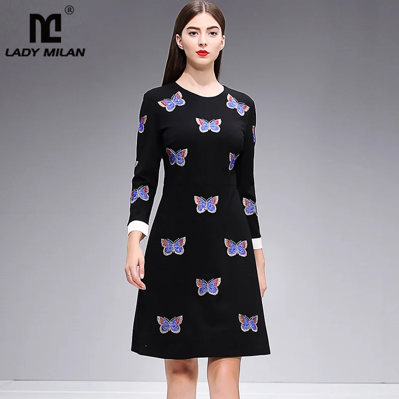 Lady Milan Women's Runway Designer Dresses O Neck 3/4 Sleeves