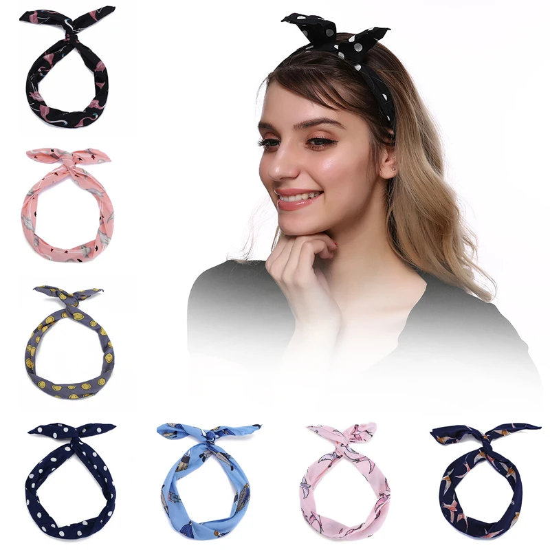 

2019 New Fashion Style 1PC Women Hair Accessories Headband Fabric Cross Knotted Flamingo Bow Chiffon Floral Hair Band Headdress