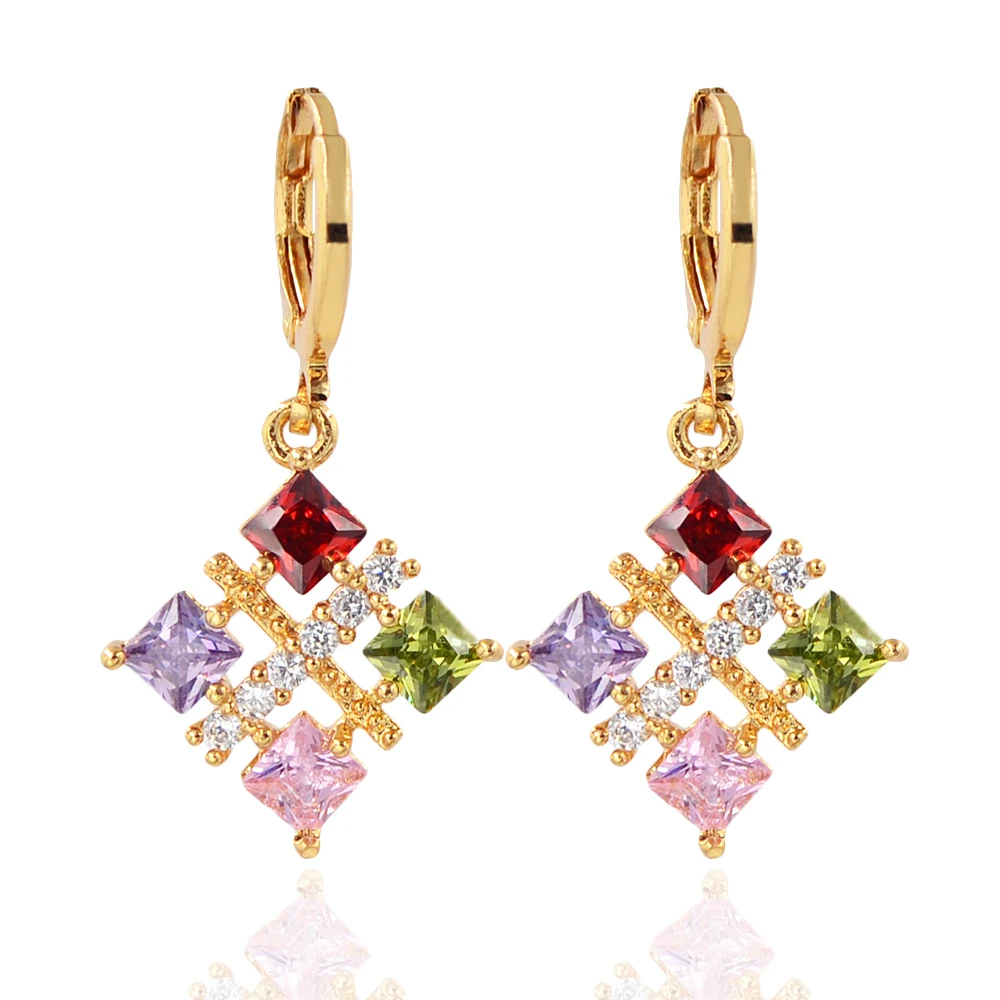 

Women Multi-color Earrings Princess CZ Gold Color Dangle Drop Earrings Jewelry