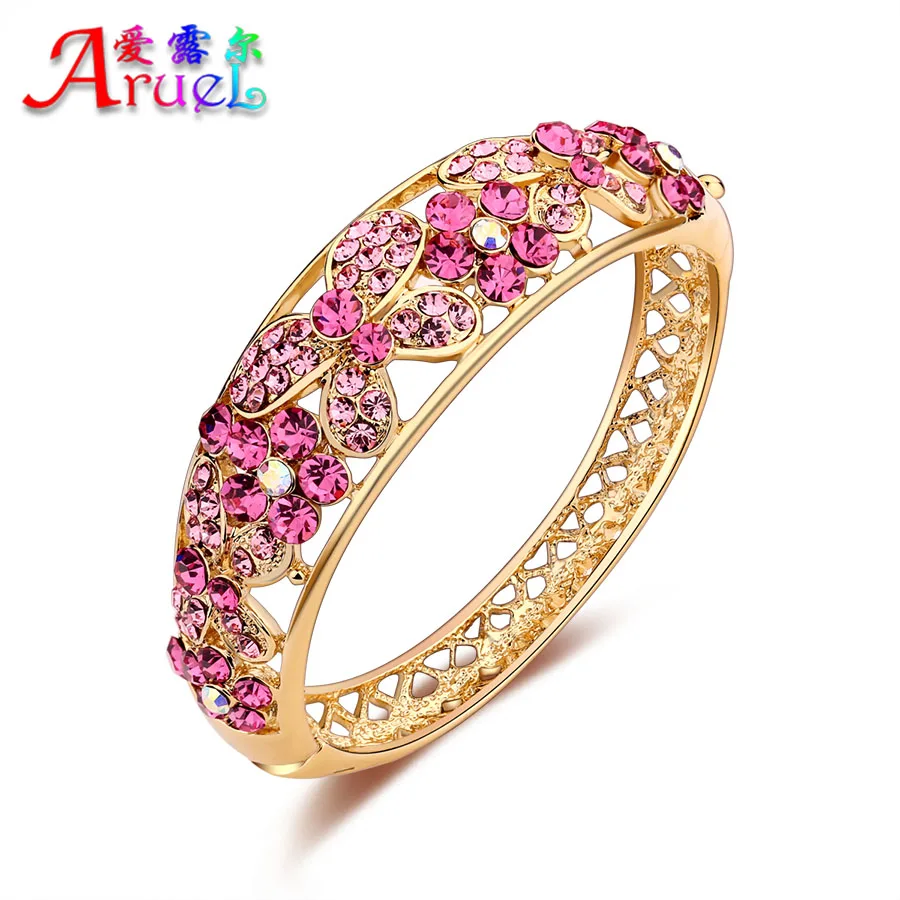 

Bracelets & bangles for women fashion pink Austrian crystal dubai gold Color wedding jewelry flower butterfly girl bracelet