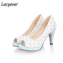 Lucyever Mujeres Sexy Peep Toe de Encaje Bombas de la Plataforma 2017 de Primavera y Verano Elegante Plaza Tacones Altos Shallow Zapatos de Mujer de Tamaño 34-43