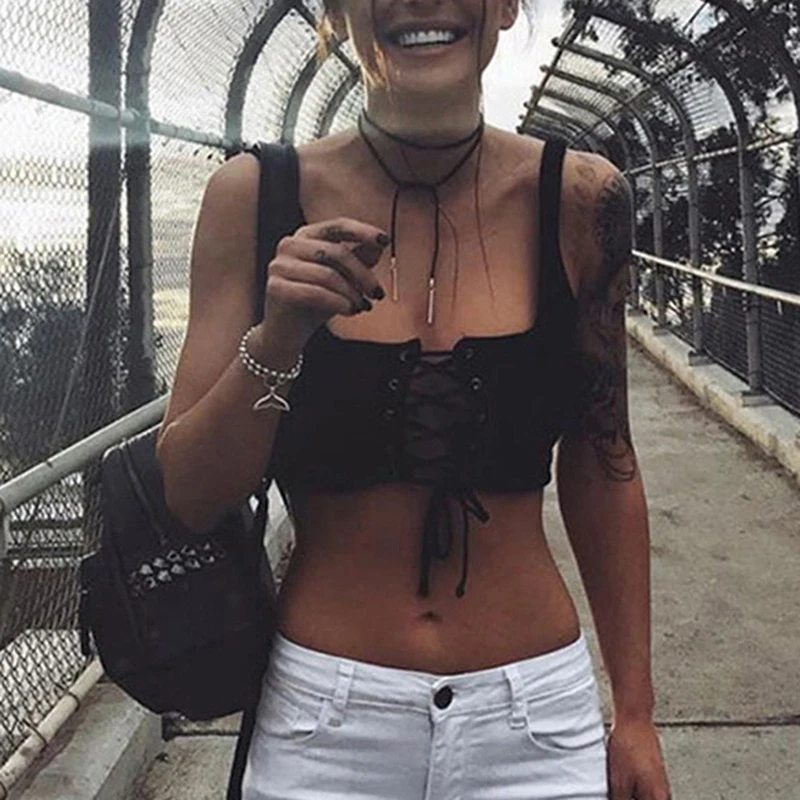 

Sexy Summer Women Lace Up Tie Camisole Tank Female Straps Bustier Crop Tops Backless Fitness Short Tops Camis