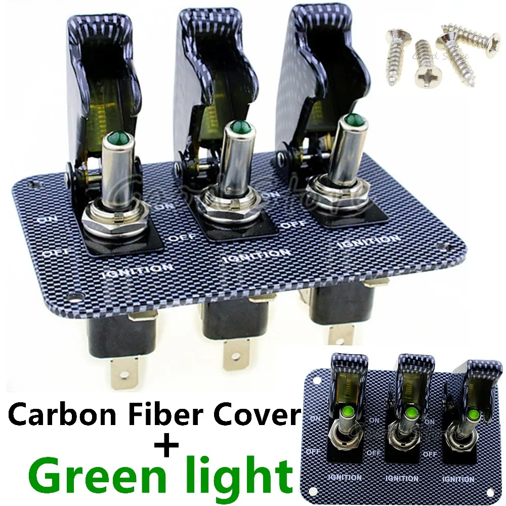 1pcs 3x12v Carbon Cap Green Light Led Safety Cover Aircraft Toggle Switch Carbon Fiber Surface