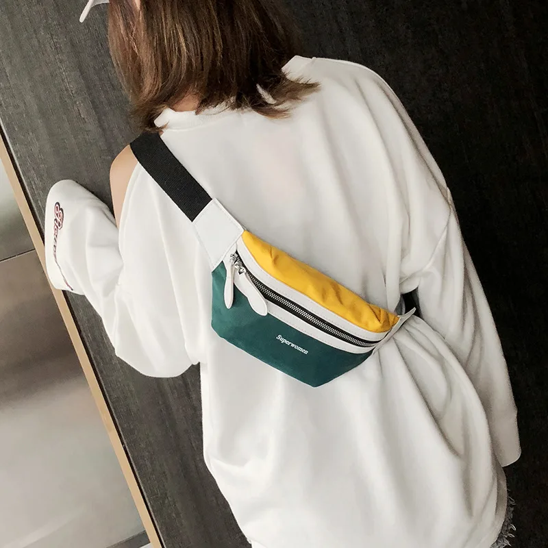 

Fashion Women Canvas Waist Bags Contrast Color Panelled Casual Shoulder Crossbody Chic Messenger Bag Female Bolsas Chest Packs