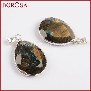 

BOROSA Silver Color Teardrop Shape Labradorite Pendants,10PCS Natural Stone Gem Pendant Druzy Pendant Drusy Jewelry WX735