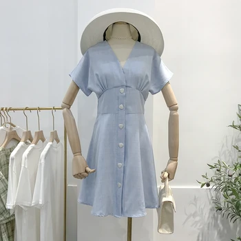 

2019 New Summer Fashion Slim Waist V Neck Single Breasted Short A-line Dress Solid Color Short-sleeved Casual Women Dresses