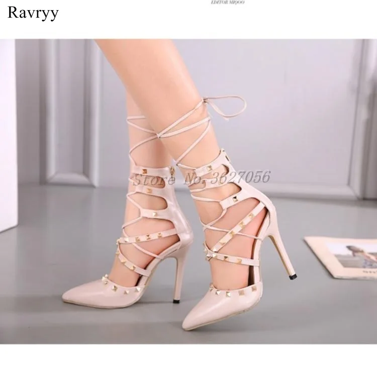 

Ravryy New Arrival Colorful Cross-Tied Thin High Heel Woman Dress Buckle Strap Rivets Lace-Up Shallow Shoes