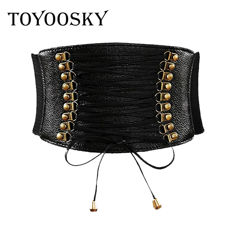 

2018 New Arrival Women Black PU Leather Wide Waistband Cummerbunds Lace Up Bandage Fashion Waist Belts Luxury Belt TOYOOSKY