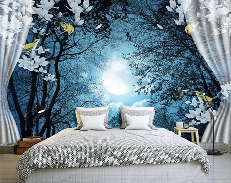 

3D Wall Mural Wall Paper Natural Scenery Peaceful Night Forest Moon Custom 3D Room Landscape Photo Wallpaper Window View Bedroom