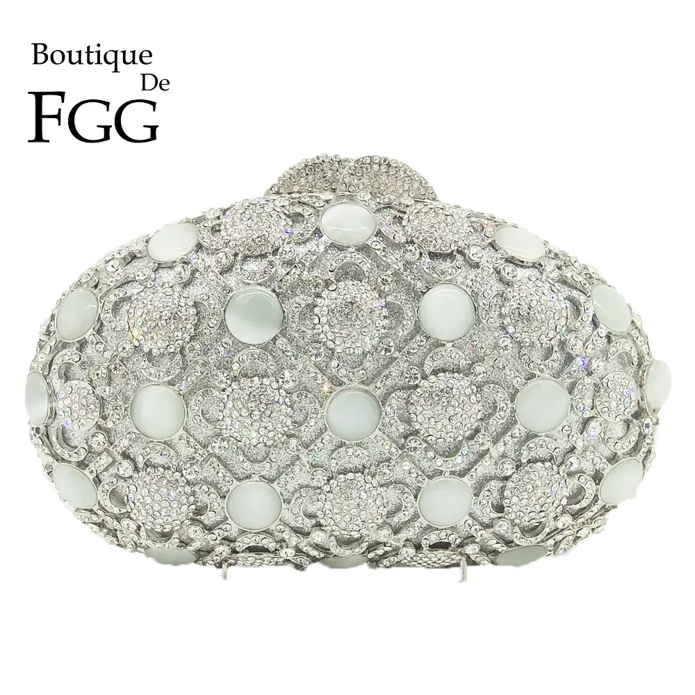 

Boutique De FGG Dazzling Hollow Out Silver Opal & Crystal Women Evening Bag Wedding Cocktail Bridal Diamond Handbag and Purse