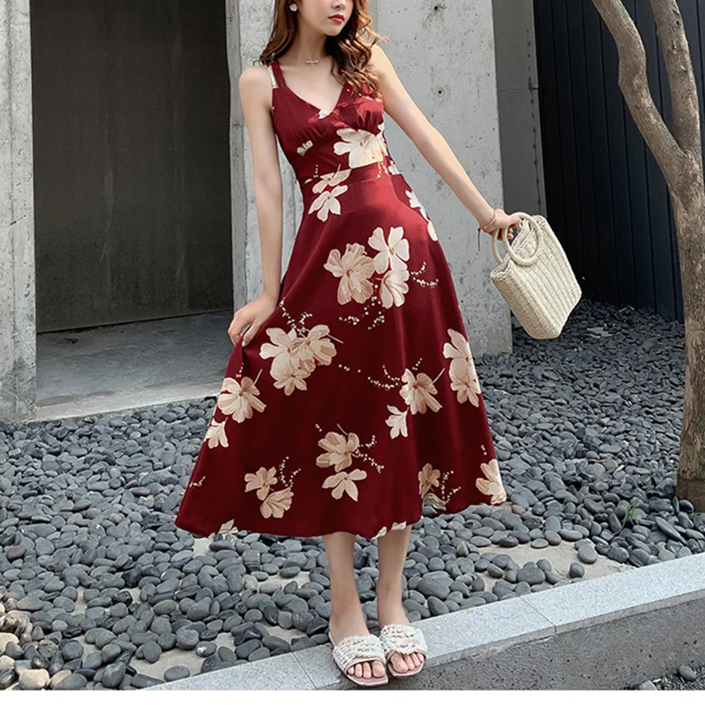 Boho V-neck Women Dress Floral Print Elegant Maxi Long Summer Sundress Red Casual Party Beachwear Backless Spaghetti Strap Dress