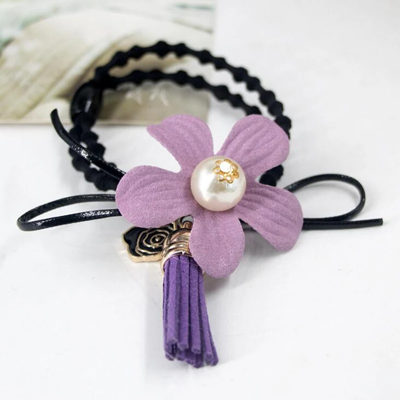 Fashion Women Girls Cute Flower Leather Tassel Rose Flower Simulated pearl Bow Hair Ties Handmade Hairband