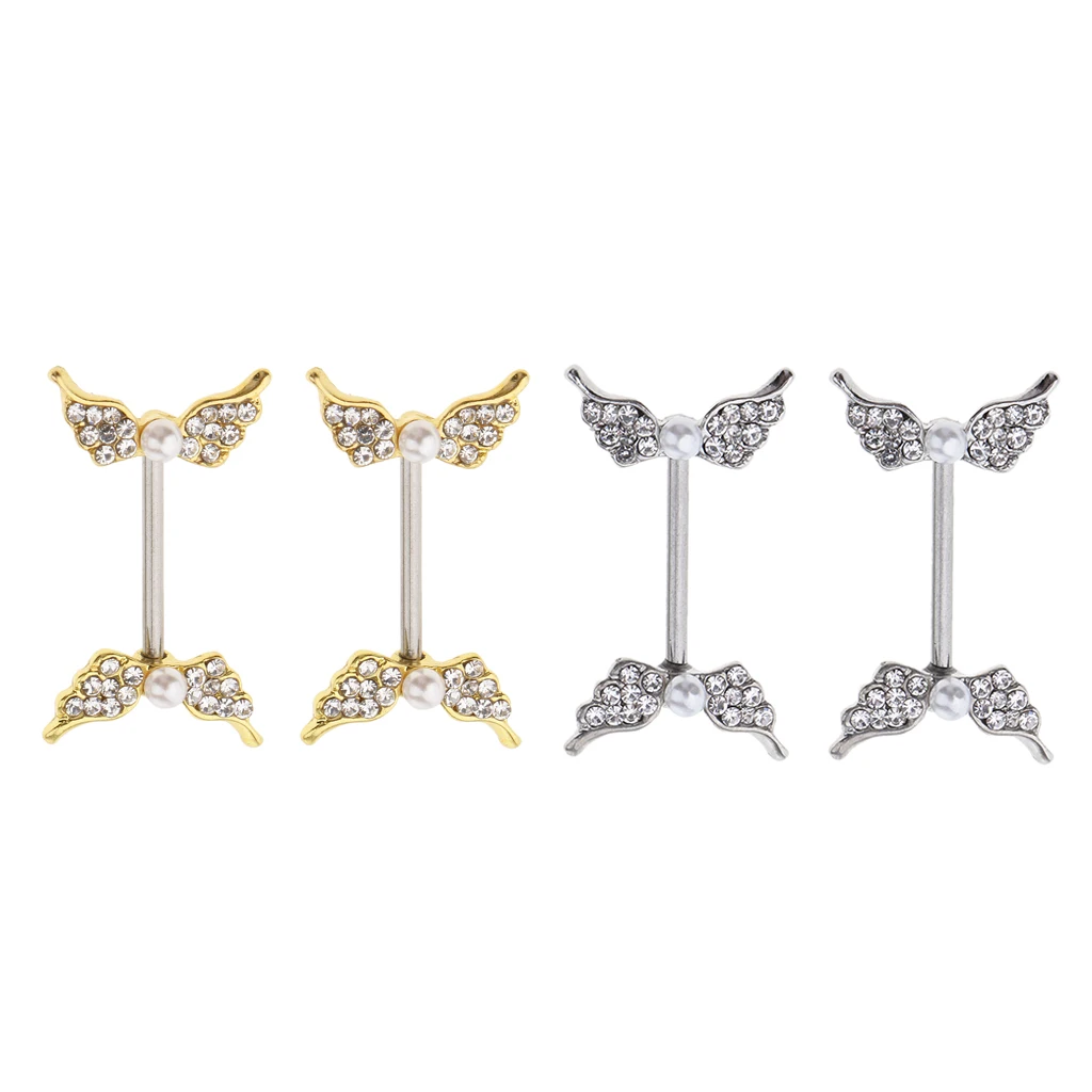 1 Pair Crystal Pearl Beads Angel Wing Shield Barbell Nipple Ring Stainless Steel Body Piercing 14 Gauge