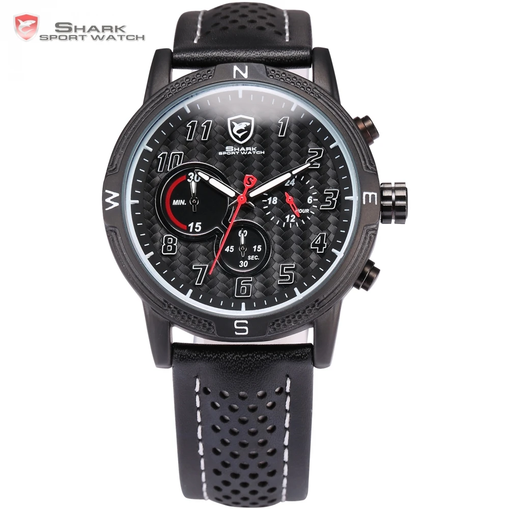 

Shortfin Mens Shark Sport Watch Black Leather Band 3D Texture Chronograph 24Hrs Saat Erkekler Quartz Military Wristwatch /SH254