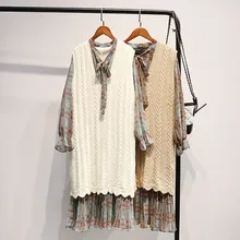 Вязаный жилет женский длинный участок корейской версии весны и осени колледжа ветра новое платье свитер без рукавов