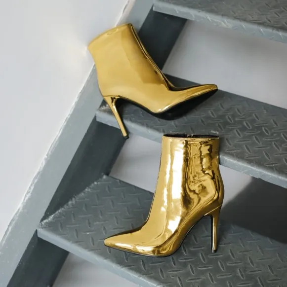 Осень Для женщин Серебряные ботильоны острый носок высокий каблук зеркальные кожаные Женская обувь большие размеров EU35-48 серебро и золото