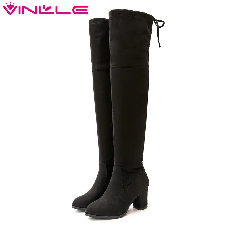

VINLLE 2018 Women Shoes Over The Knee Boots Square Med Heel Black Pointed Toe Elastic+zipper Ladies Motorcycle Shoes Size 34-43