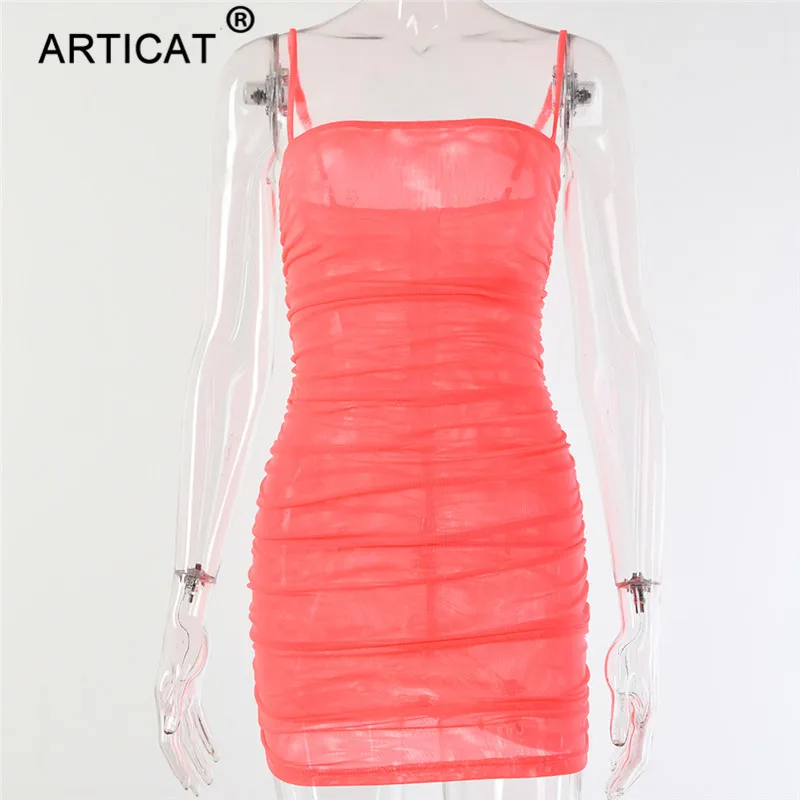 Articat, Двухслойное, Сетчатое, прозрачное, сексуальное платье, для женщин, на тонких бретелях, без рукавов, облегающее платье, короткое, с рюшами, вечерние, летнее платье - Цвет: Оранжевый