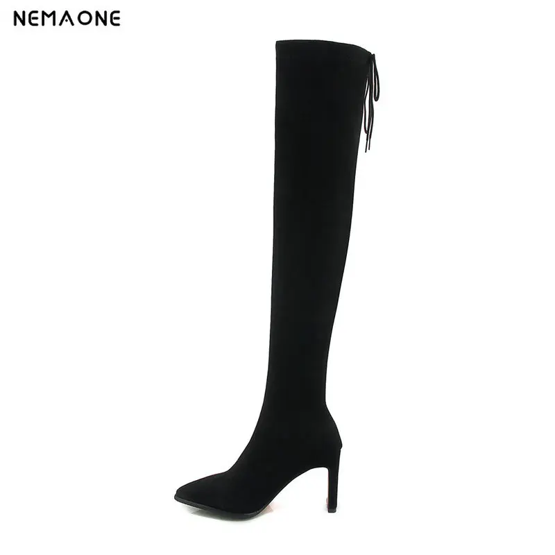

NEMAONE black women boots pointed toe flock ladies boots thin heel super high sexy over the knee boots large size 42 43