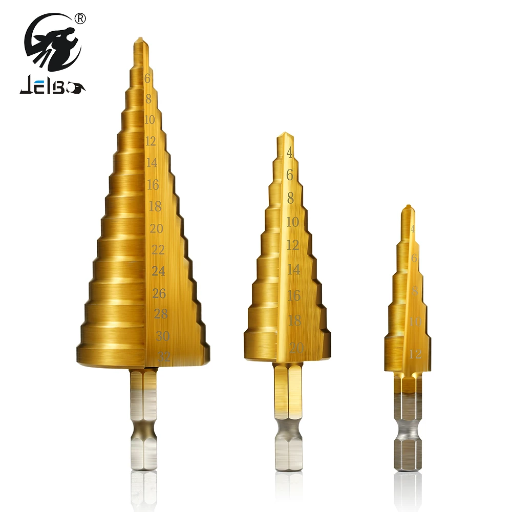 JelBo 3Pcs HSS Step Drill Bits Set, 4-12/4-20/4-32mm Hex Shank Titanium Coated Metal Titanium Metal Cone Drill Bit Tools Kit JelBo 3Pcs HSS Step Drill Bits Set, 4-12/4-20/4-32mm Hex Shank Titanium Coated Metal Titanium Metal Cone Drill Bit Tools Kit