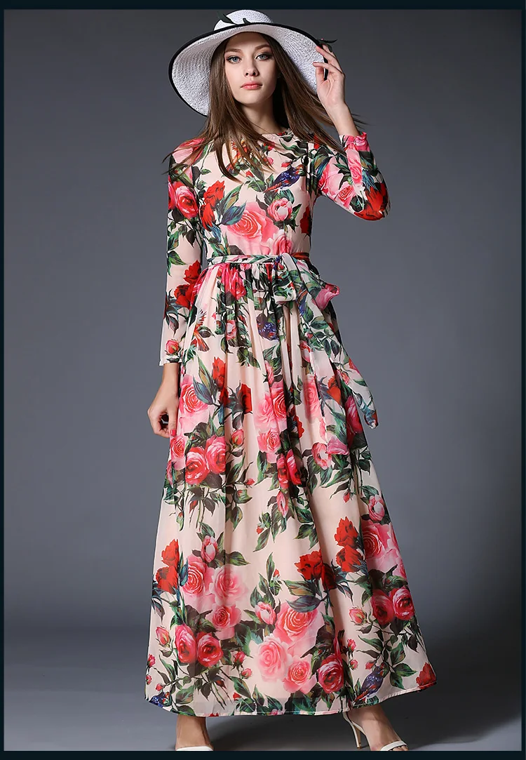 Printed Rose Floral Dress Chiffon Maxi Autumn Bohemian Long Dress Belted Big Swing Novelty Vintage Elegant Long Party Dresses long-floral-maxi : image Printed Rose Floral Dress Chiffon Maxi Autumn Bohemian Long Dress Belted Big Swing Novelty Vintage Elegant Long Party Dresses long-floral-maxi