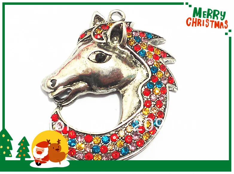 

Wholesale ! 45mm*30mm 10pcs/lot Antique Silver Full Rhinestone Horse Head Pendant For Chunky Necklace Making
