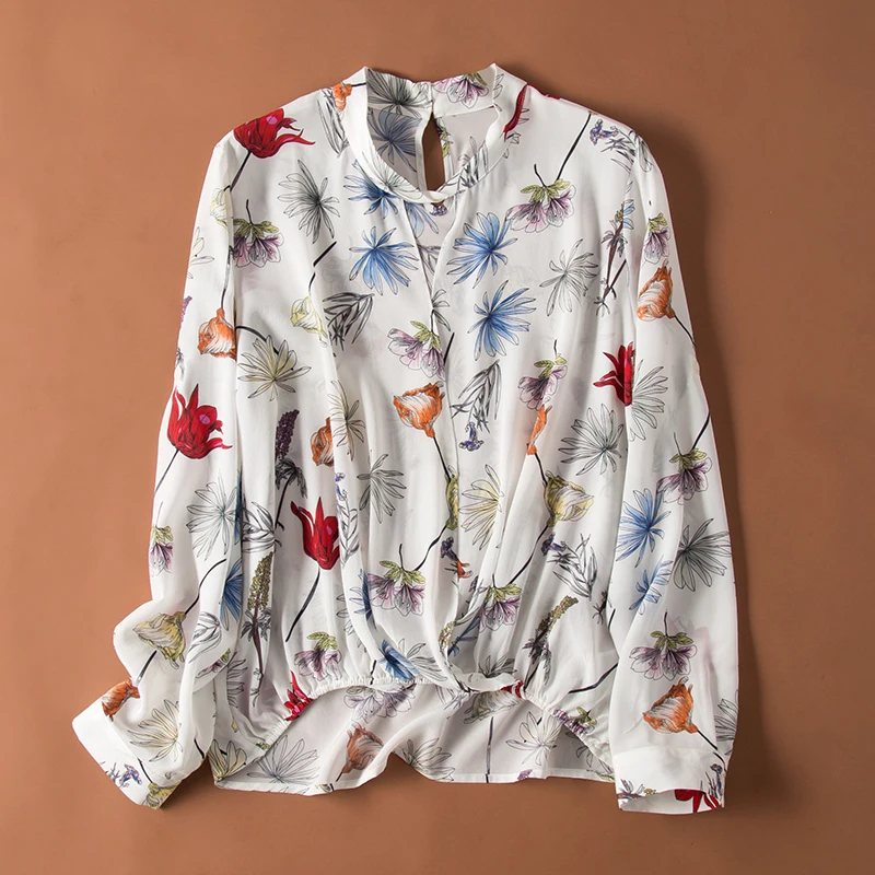 Женская блузка из натурального шелка, креповая блузка с принтом, рубашка со стоячим воротником, офисные женские блузки,, Осень-зима, OL рубашка