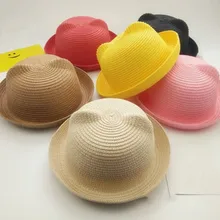 Fashion Girls Boys Straw Hats Summer Baby Sun Hat Lovely Children Solid Floppy Cat Ears Decor Cap H9