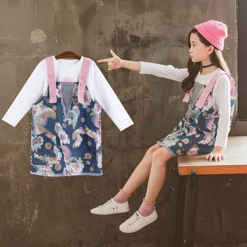 

Girls Summer Clothing Set Kids Clothes Cotton printing Suit For Girl 6 8 12 13 14 Years Children's Costumes Casual Shirt+Jumpsu