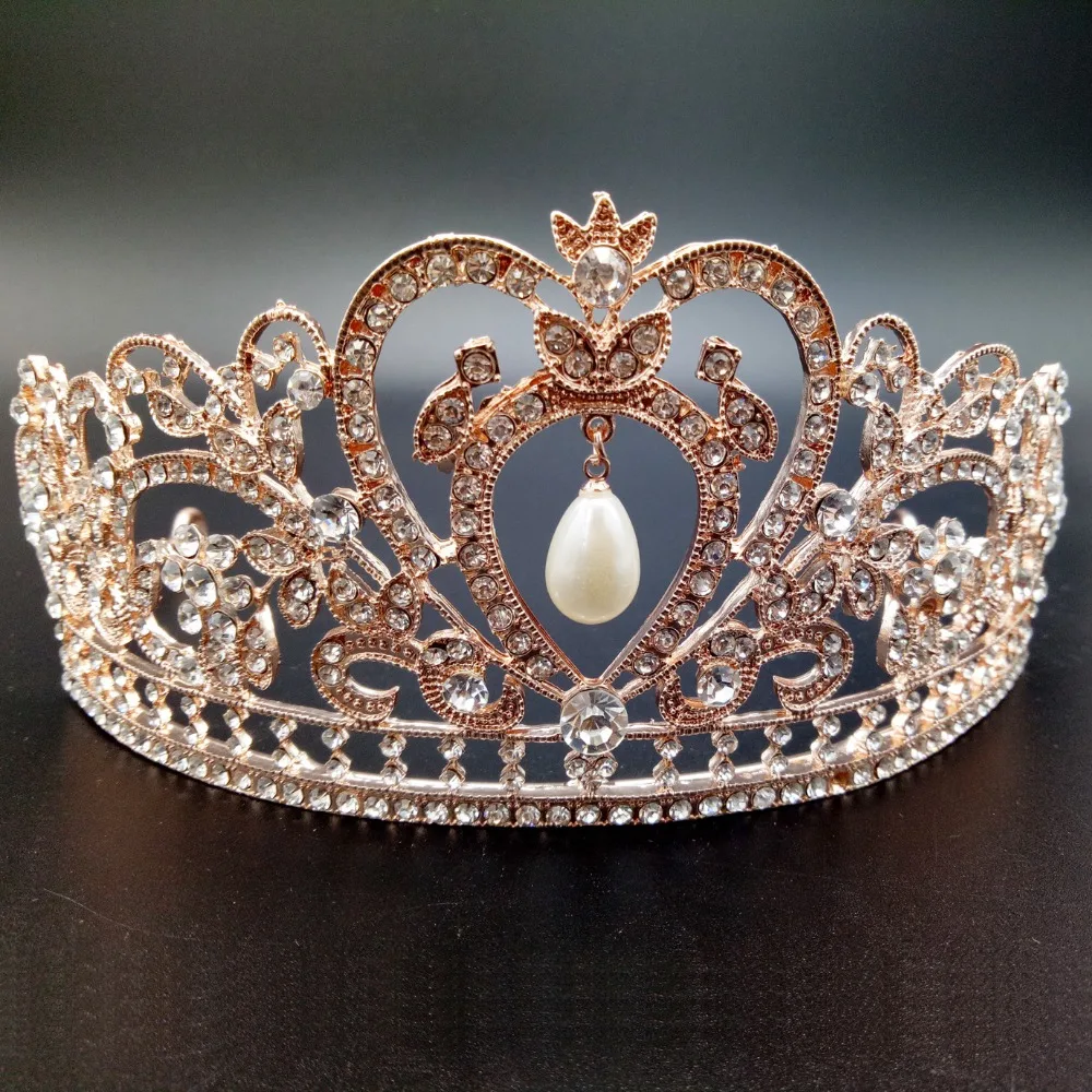 Rose Gold Crystal Romantic Heart Wedding Tiaras Crown Women Rhinestone Peagant Crowns Diadem