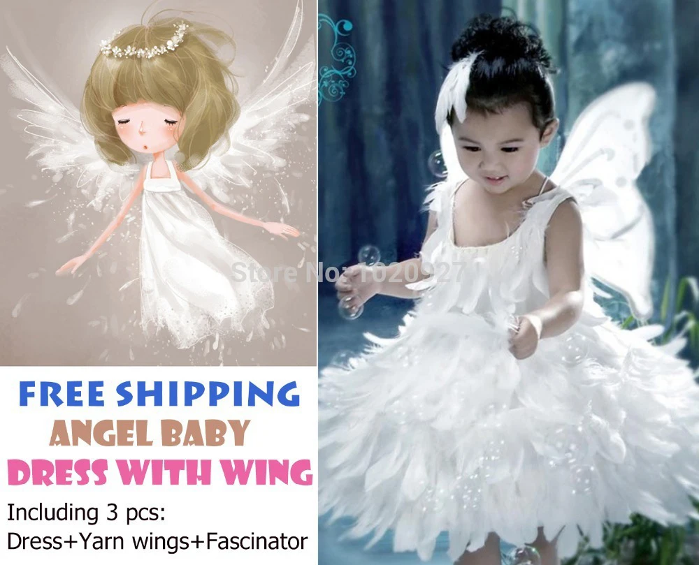 Белые детские рождественские костюмы, красивые платья принцессы с крыльями ангела и перьями для девочек, включая дерсс+ крылья из пряжи+ чародей