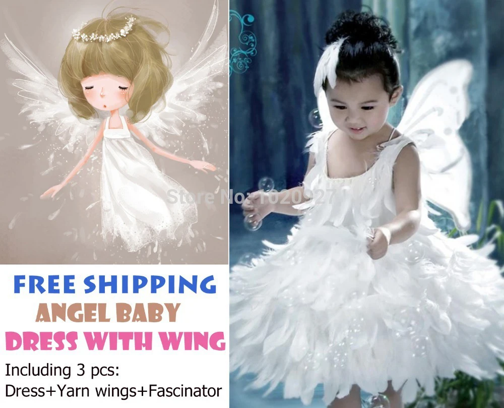 

White Children's Christmas Costumes Beautiful Angel Wing Feather Princess Dresses for girl including Derss+Yarn wings+Fascinator